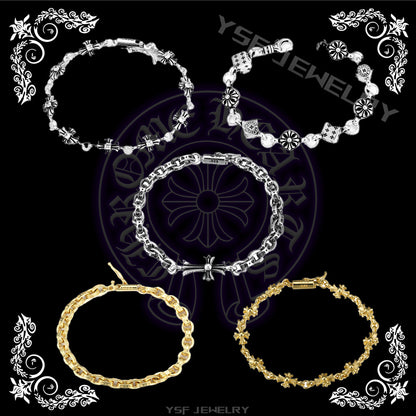 CH Retro Couple Bracelet Cross Dice Bracelet Full Rhinestones Ins Trendy Hip Hop Style Rhinestone Inlaid