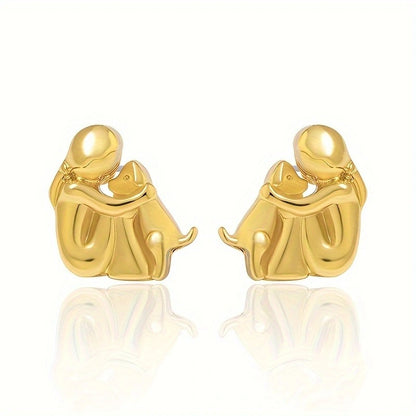 A little girl and a dog embrace earrings