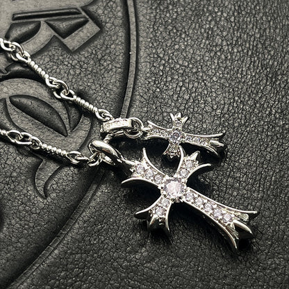 Punk hip-hop Thai silver plated 22K white gold double cross color diamond necklace sweater chain